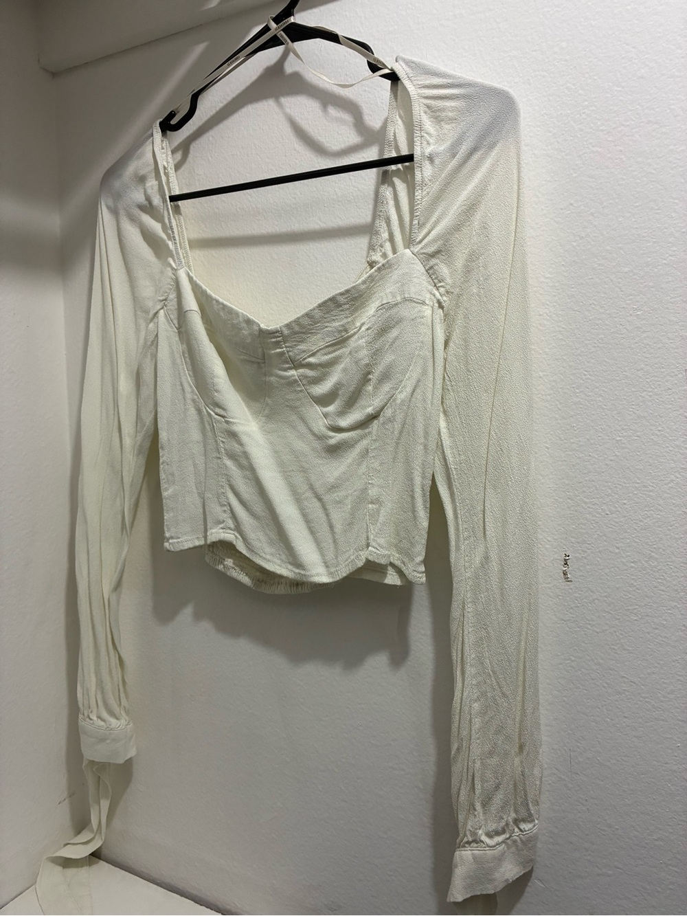 Cream Long-Sleeve Cropped Square Neck Top